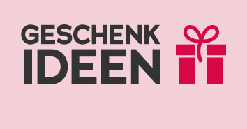 Werbemittel mit einfarbig rosanem Hintergrund. In großer weißer und roter Schrift steht: "Geschenkideen". Außerdem ist ein rotes Geschenkicon abgebildet.
